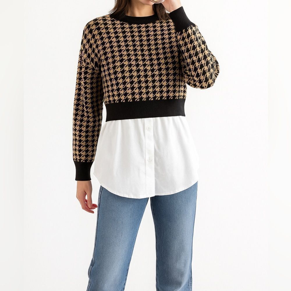 Joie Houndstooth Sweater with Blouse Underlay – Black/Tan, Layered Look, Sz XS